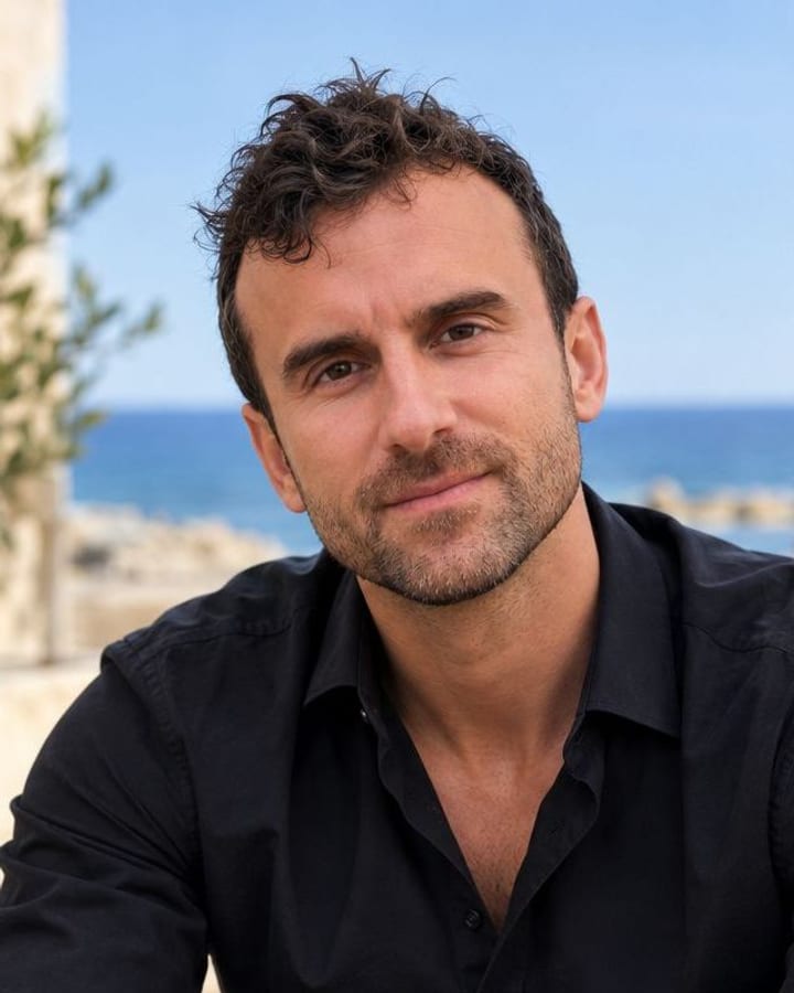 Marco Diversi outdoors in a black button-up shirt, looking at the camera with a slight smile, the sea and an olive branch blurred behind him